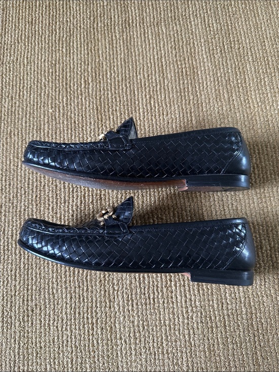Salvatore Ferragamo Black Woven Leather Loafers with Gold Bit display picture 1